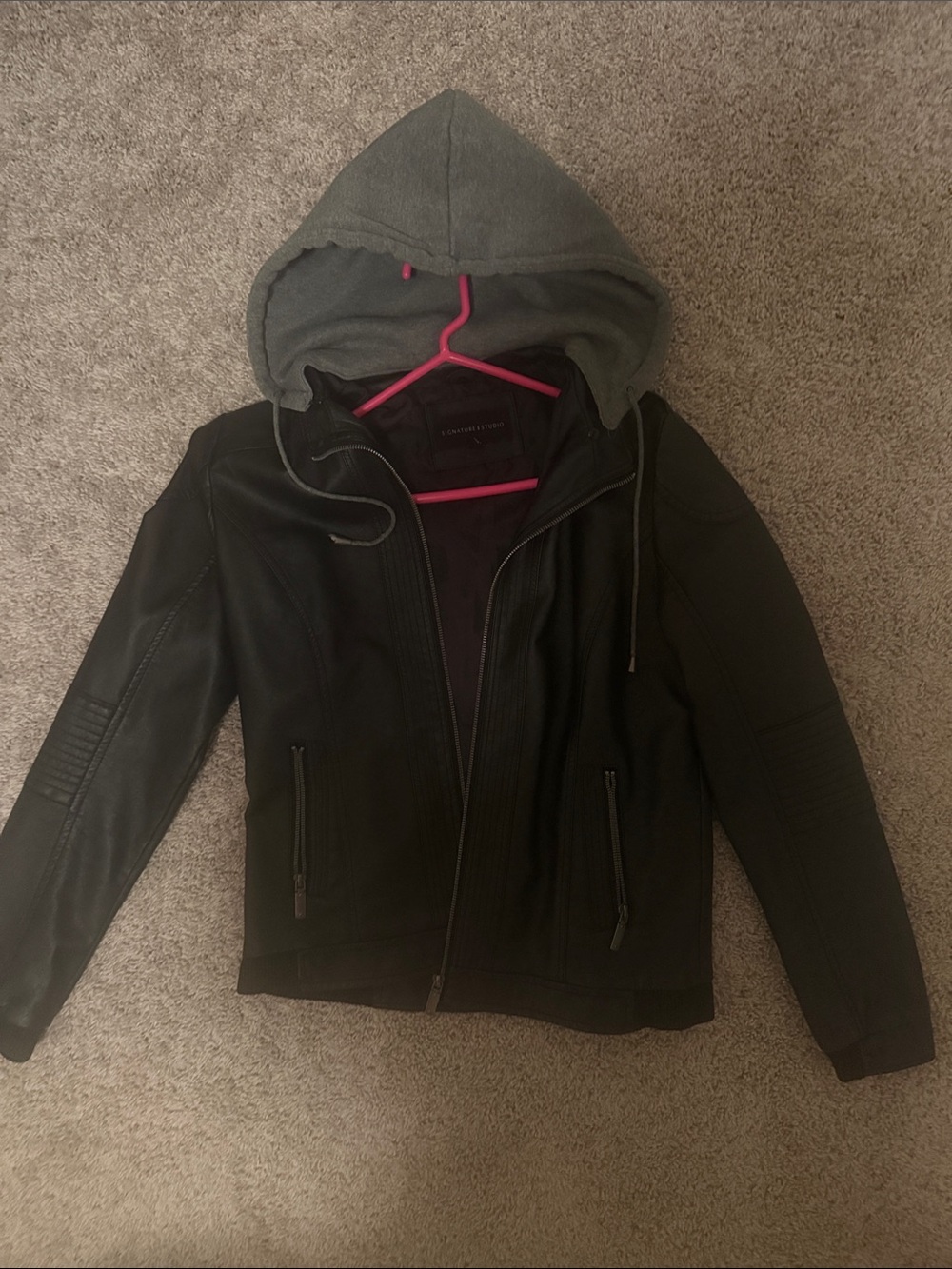 Signature Studio Black faux Leather Jacket with Gray Hood